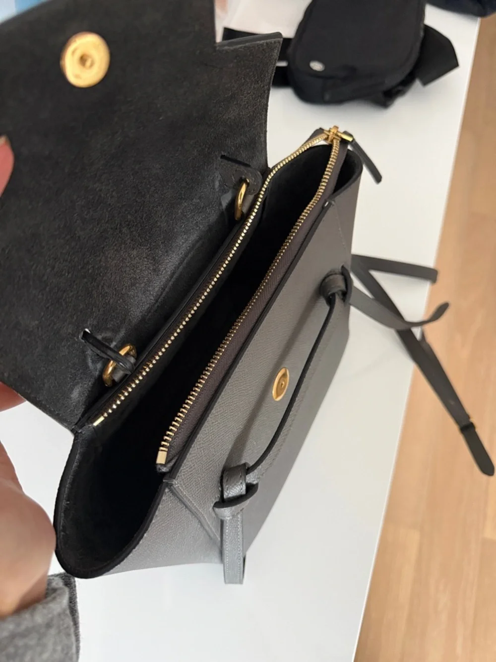 Celine Gray Pebbled Leather Tie-Handle Satchel - Picture 3 of 7